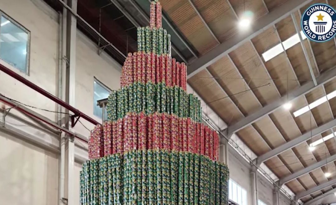 Christmas tree tower of sardine cans for charity snags new Guinness Record