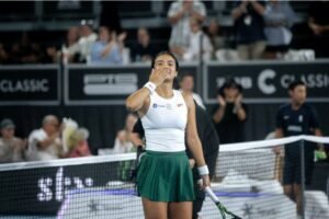 Alex Eala celebrates after winning her first singles match at the 2026 WTA ASB Classic in Auckland