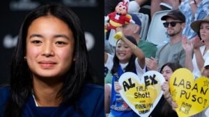 Alex Eala playing professional tennis as Filipino supporters cheer from the stands