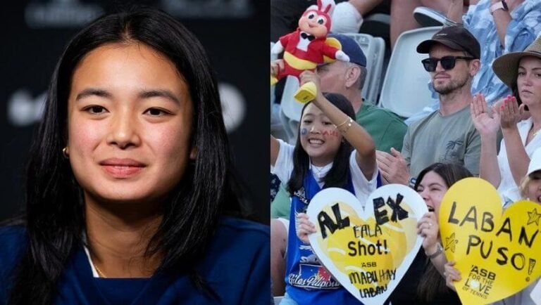 Alex Eala playing professional tennis as Filipino supporters cheer from the stands