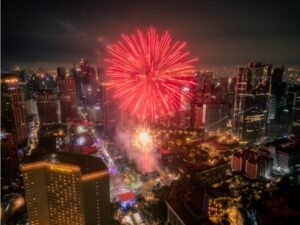 Fireworks over Makati skyline during the Makati in Full Color Ayala Avenue New Year’s Eve Countdown to 2026