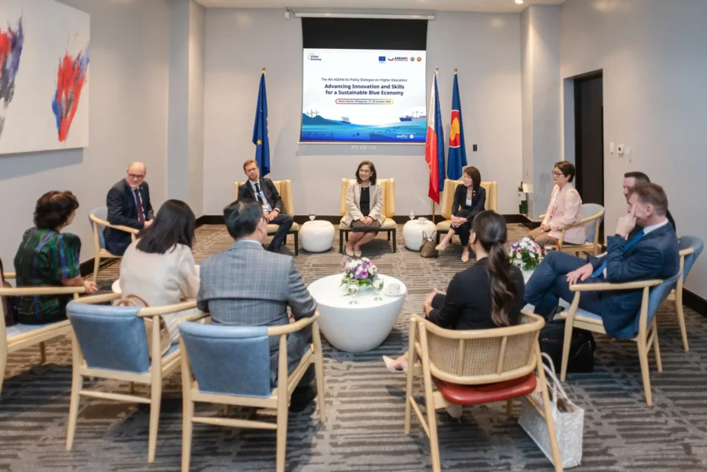 ASEAN-EU dialogue participants take part in a roundtable discussion on higher education and sustainable blue economy skills.