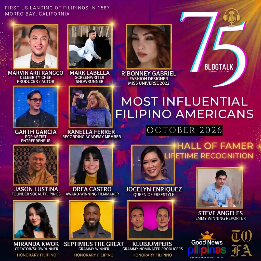 BlogTalk 75 MIFA 2026 Hall of Fame Lifetime Recognition poster featuring nine Filipino-American honorees and three Honorary Filipino recipients Miranda Kwok, Septimius the Great, and Klubjumpers.
